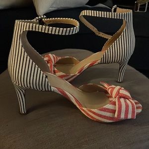BRAND NEW NEVER WORN open toe high heel red, white and blue shoes.